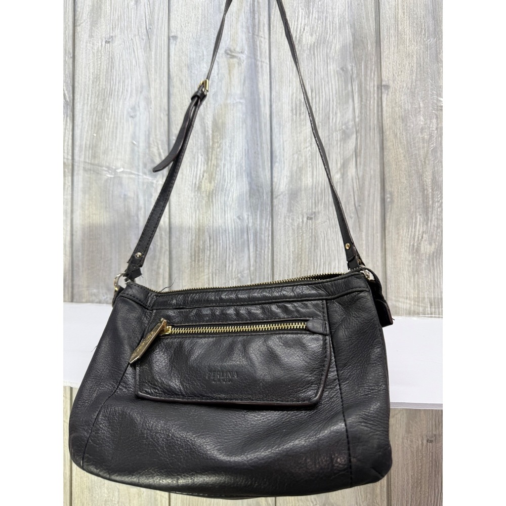 Perlina New York Black Leather Crossbody Bag Gold Hardware Organizer Purse